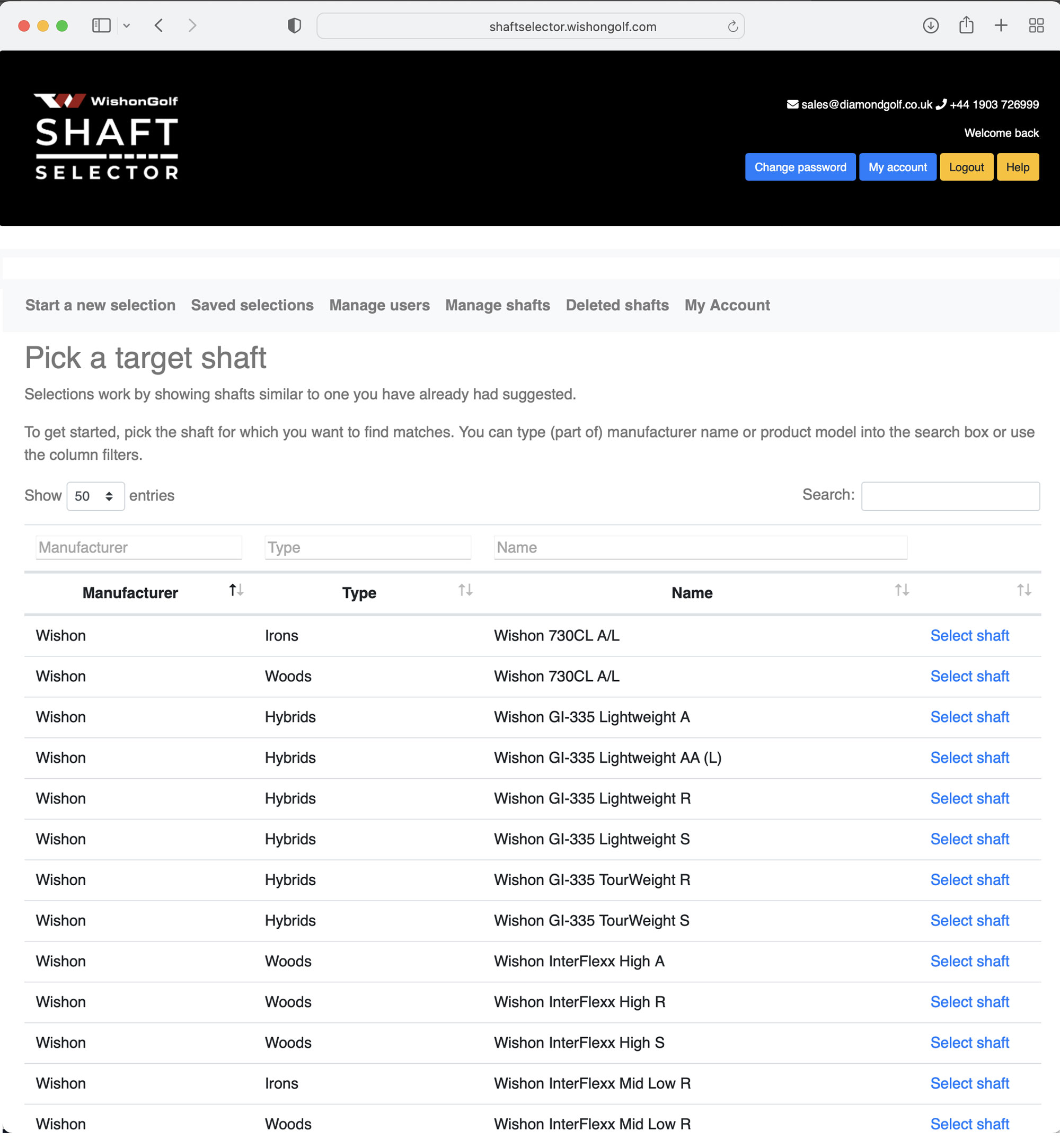 Shaft Selector Wishon Golf